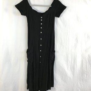 Ava Sky Maxi Dress Women Size Medium Black Button Up Cap Sleeve Pockets Casual